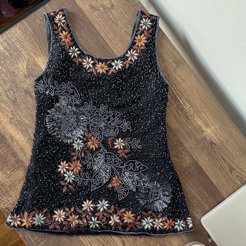 Embellished Black Floral Tank Top - Black